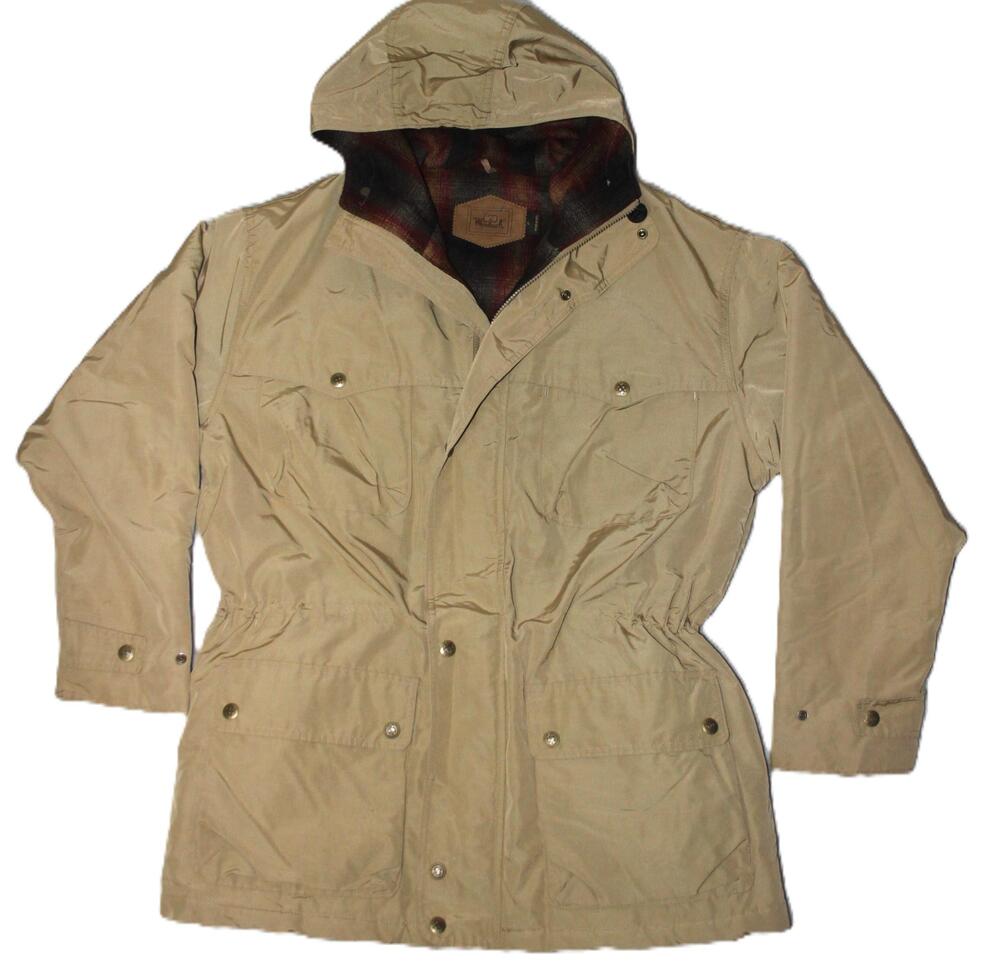Vintage Woolrich Jacket Mens Large Tan Hooded Parka Made USA Plaid Lined 80s